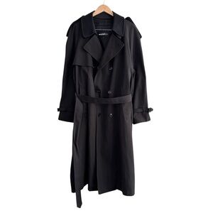 Vintage Lined Classic Black Belted Double Breasted Trench Coat Wool Inner
